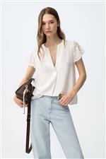 Tiffosi NONY - Casacca morbida mezza manica con ricamo a pois e volant con scollo a V